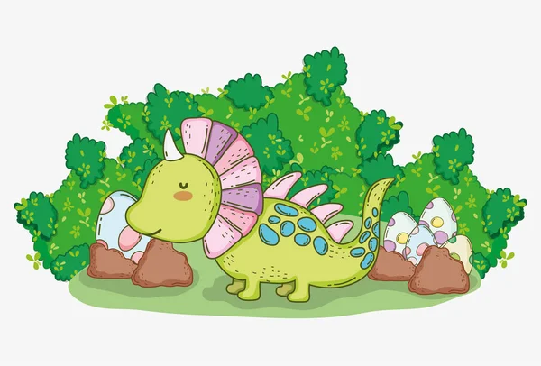 Милый стеракозавр с яйцами динозавра в кустах — стоковый вектор