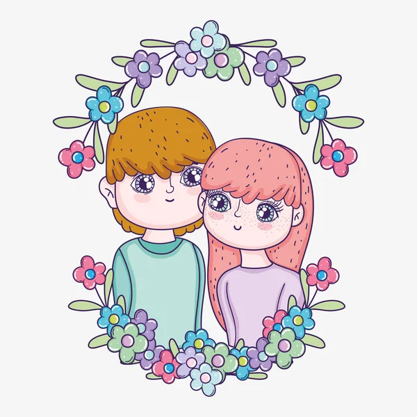 Мальчик и девочка пара с цветами и листьями ветвей — стоковый вектор