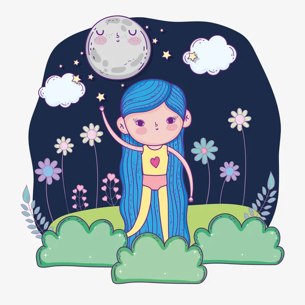 Chica divertida con traje de baño con luna y arbustos — Vector de stock
