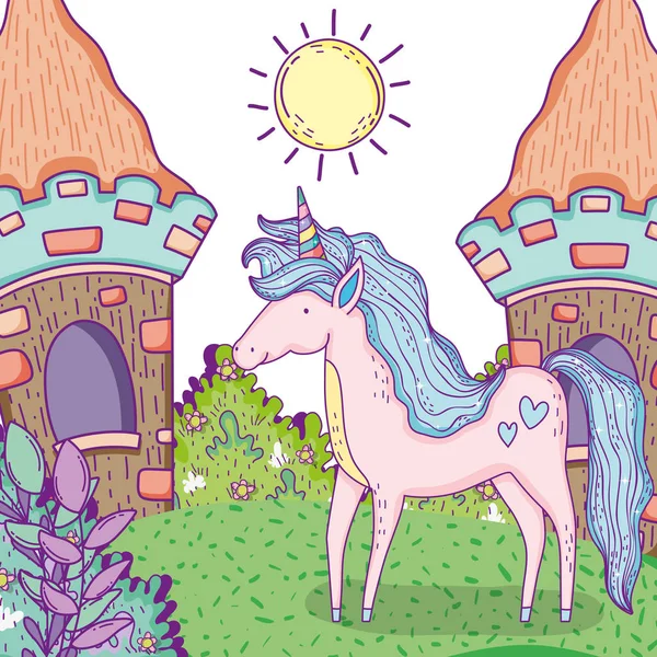 Unicornio animal con casas y arbustos plantas — Vector de stock