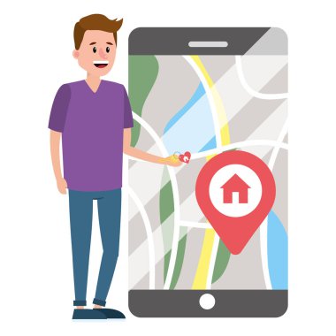Smartphone karikatür vektör çizim grafik tasarım ile satın almak ev aramaya emlakçı