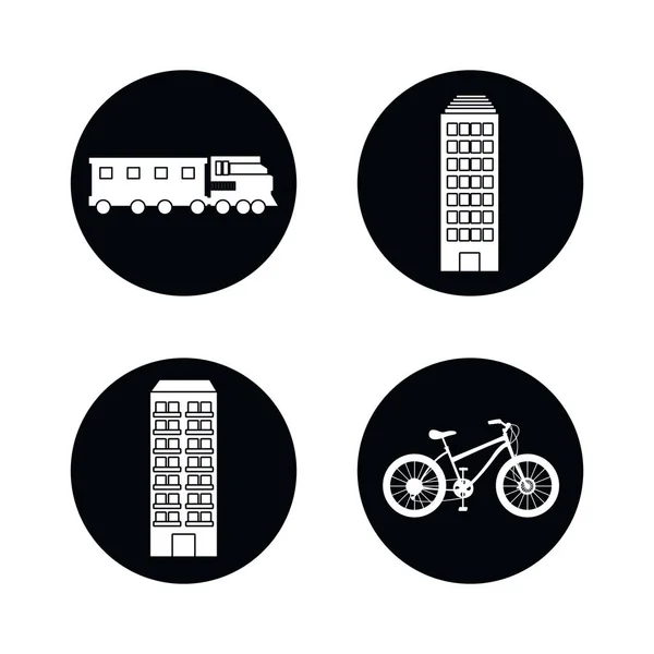 Zeichnungen Gebäude Zug Fahrrad isoliert — Stockvektor
