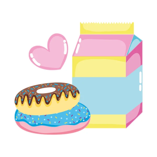 Milk box with sweet donuts and heart — Stock Vector