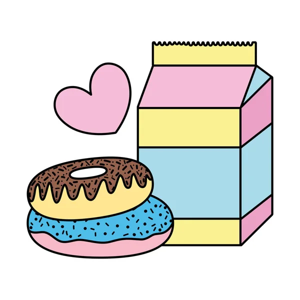Boîte à lait de couleur avec beignets sucrés et coeur — Image vectorielle