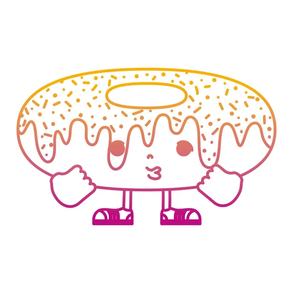 Línea degradada kawaii donut triste con brazos y piernas — Vector de stock