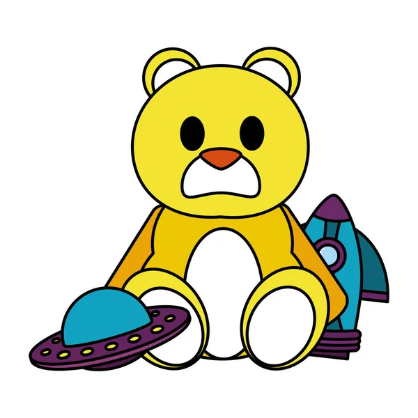 Farbe Teddybär mit Rakete und Ufo-Spielzeug — Stockvektor