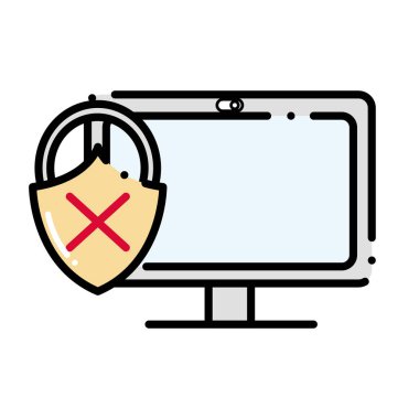 Kesikli çizgi bilgisayar teknolojisi ile asma kilit kötü güvenlik vektör çizim