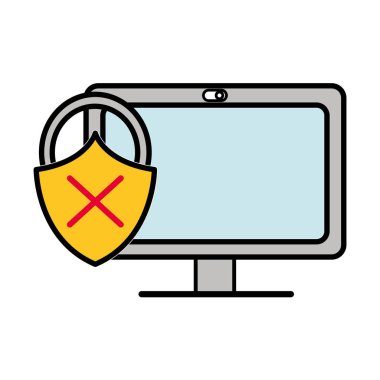 çizgi renk bilgisayar teknolojisi ile asma kilit kötü güvenlik vektör çizim