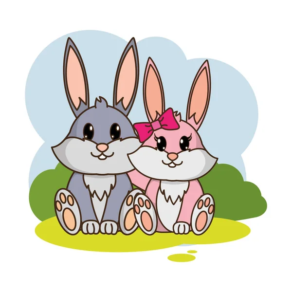 Lapin Couple Mignon Animal Dans Paysage Vecteur Illustration — Image vectorielle