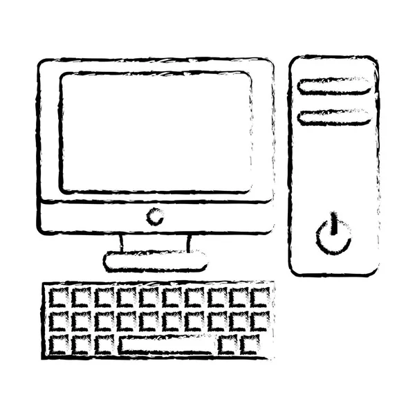 Computer Grunge Screen Con Cpu Keybooard Tecnologia Vettoriale Illustrazione — Vettoriale Stock