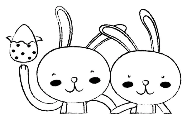 Grunge Happy Rabbit Couple Together Egg Easter Vector Illustration — Stock Vector