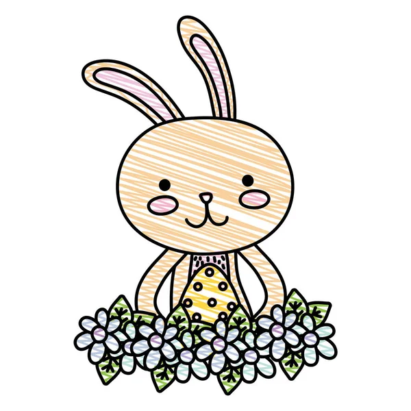 Conejo Rallado Animal Con Huevo Pascua Con Flores Vector Ilustración — Vector de stock