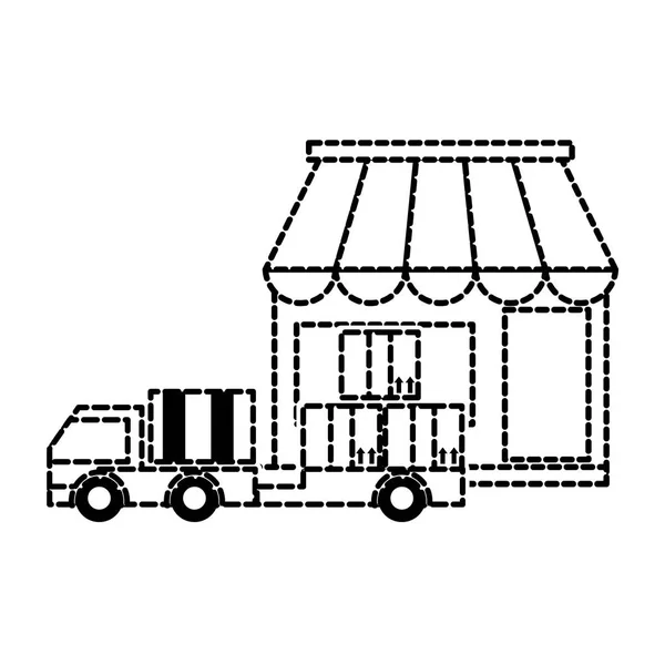 トラック輸送とパッケージのベクトル図の点線図形配信ストア — ストックベクタ