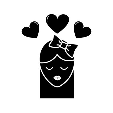 siluet kız şerit yay saç modeli ve kalpleri vektör çizim ile