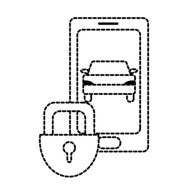 Araba ve yakın asma kilit güvenlik vektör çizim ile noktalı şekil smartphone