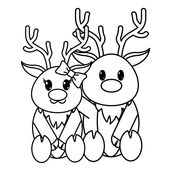 Line Reindeer Couple Cute Animal Together Vector Illustration — Stock Vector