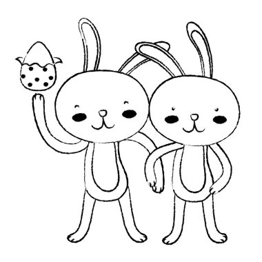 Grunge tavşan ile el ele tutusun çift ve yumurta Paskalya vektör çizim