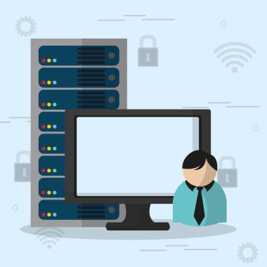 Bilgisayar veri merkezi ve web hosting Tema vektör çizim