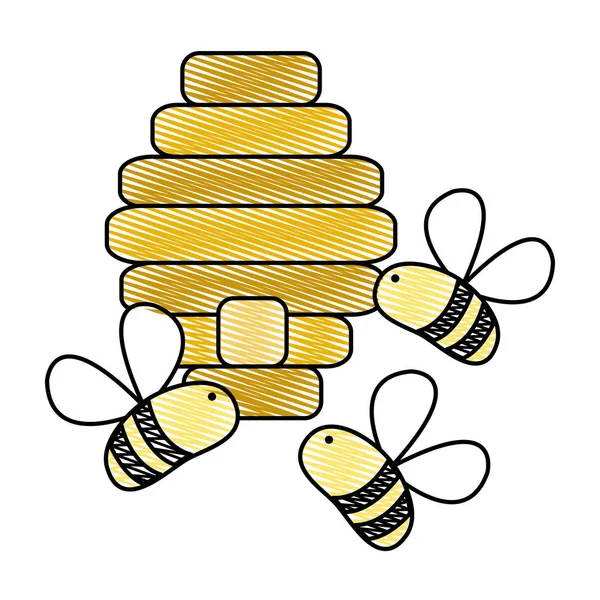 Strouhaný Cute Včely Hmyz Létající Plástev Vektorové Ilustrace — Stockový vektor