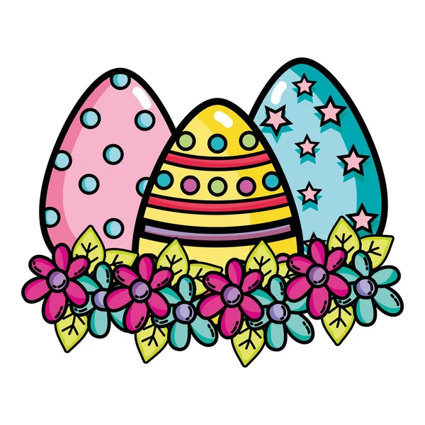Huevos Pascua Decoraciones Con Flores Hojas Diseño Vector Ilustración — Vector de stock