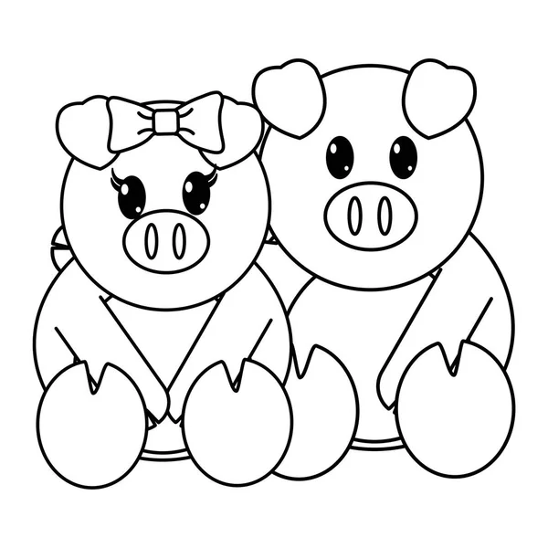 Ligne Cochon Couple Mignon Animal Ensemble Vecteur Illustration — Image vectorielle