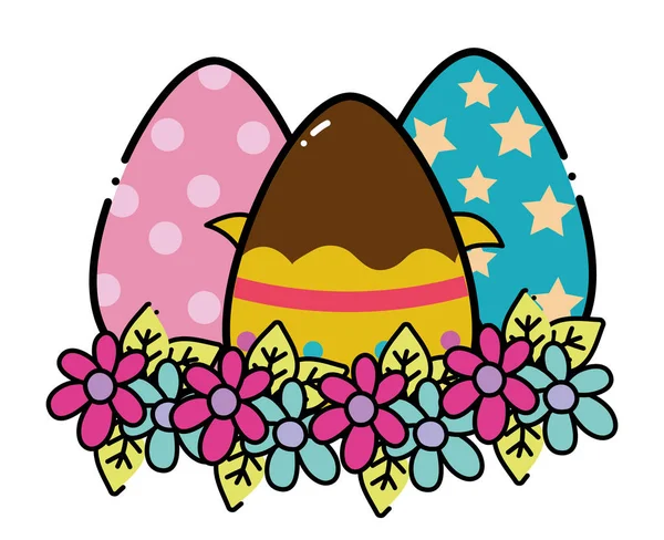 Huevos Color Pascua Decoraciones Con Flores Hojas Diseño Vector Ilustración — Vector de stock