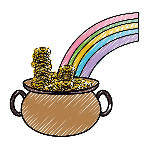 Monedas Oro Rallado Dentro Olla Caldero Arco Iris Vector Ilustración — Vector de stock