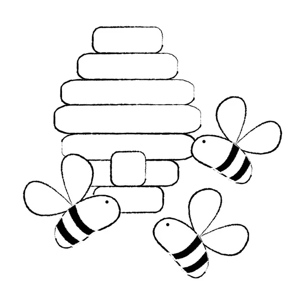 Grunge Cute Pszczoły Owady Latające Ilustracja Wektorowa Strukturze Plastra Miodu — Wektor stockowy