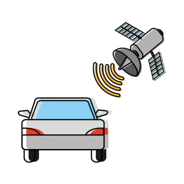 Kleur Auto Transport Met Satelliet Wereldwijde Technologie Vectorillustratie Verplaatst — Stockvector