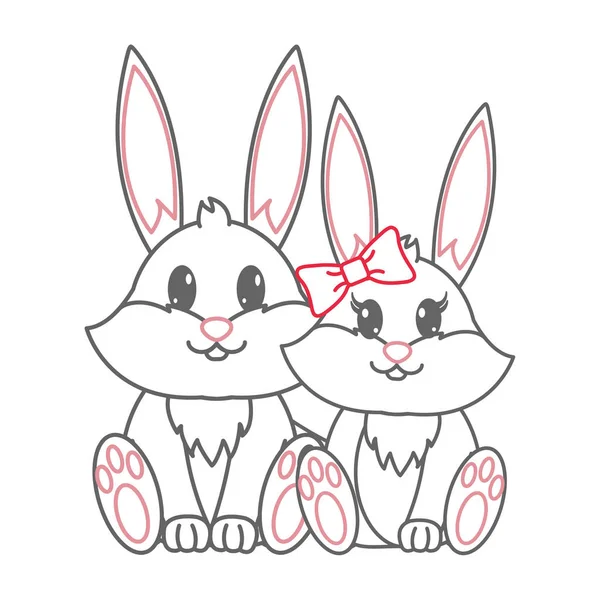 カラーライン ウサギ カップルかわいい動物一緒にベクトル図 — ストックベクタ