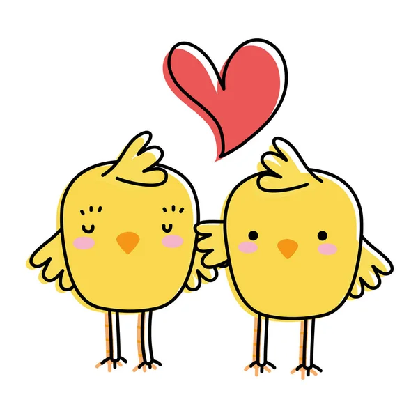 Line Färg Kycklingar Par Tillsammans Och Älskar Hjärta Vektorillustration — Stock vektor