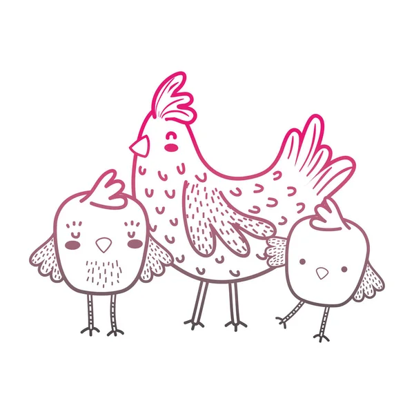 Color line hen with chicks farm bird animals — Stock Vector