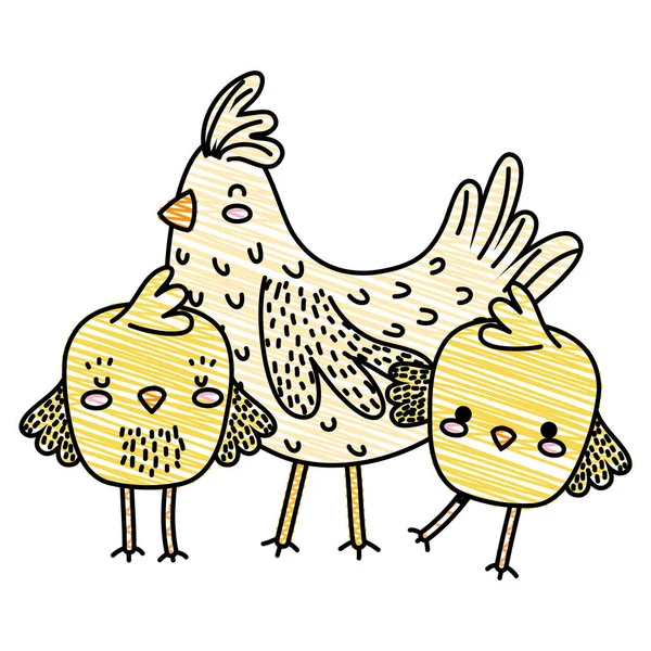 Grated hen with chicks farm bird animals — Stock Vector
