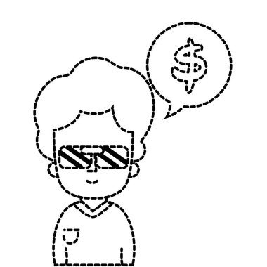 güneş gözlüğü ve sohbet kabarcığı Doları sembolü ile noktalı şekil adam