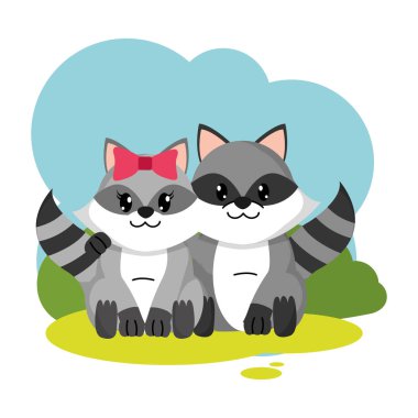 renkli Rakun çift sevimli hayvan peyzaj