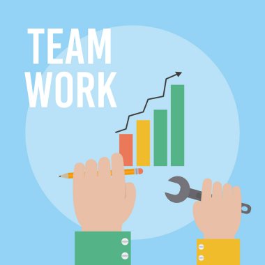 Ekip çalışması çizgi film büyüyen araçları ve istatistikleri çubuklarla ile eller illüstrasyon grafik tasarım vektör
