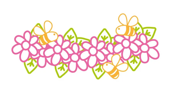 Flores de línea de neón con pétalos y abejas insectos volando — Vector de stock