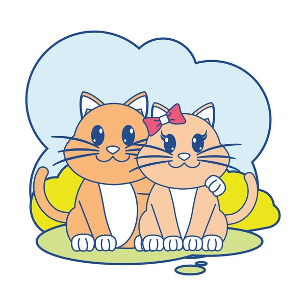 line color cat couple cute animal in the landscape