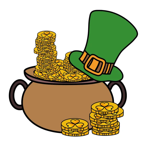 Line color gold coins and st patrick hat inside cauldron — Stock Vector