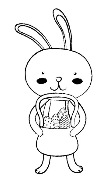 Grunge conejo animal con huevos Pascua decoración dentro de la cesta — Vector de stock