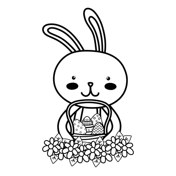 Ligne lapin animal avec oeufs Pâques à l'intérieur panier et fleurs design — Image vectorielle