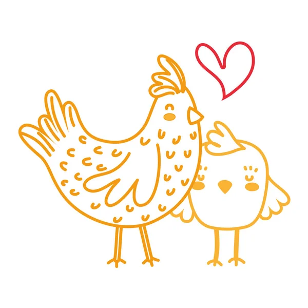 Néon ligne poule et poussin amour et famille ensemble — Image vectorielle