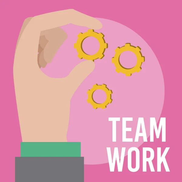 Business and teamwork hand with gears cartoons vector illustration graphic design