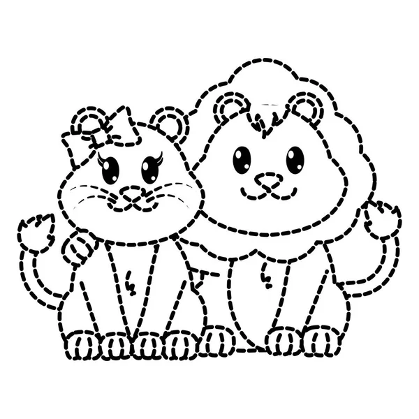 Pontilhado forma leão casal bonito animal juntos — Vetor de Stock