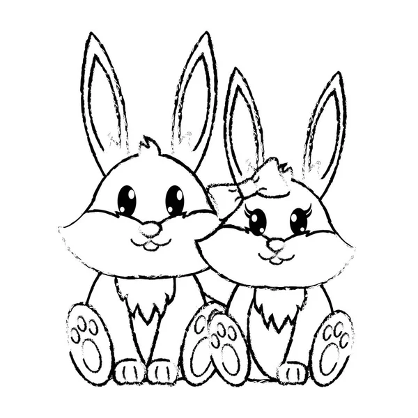 ウサギのカップルかわいい動物が一緒にグランジ — ストックベクタ