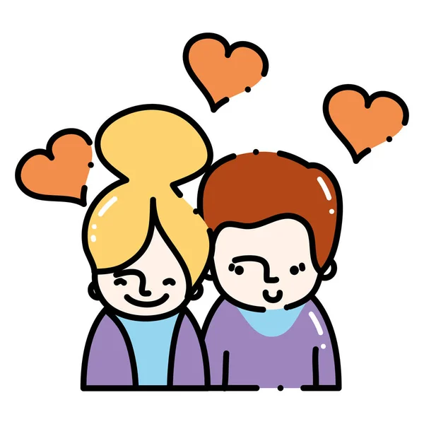 Gestrichelte Linie glückliches Paar mit Kleidung und Herzen Liebessymbol — Stockvektor