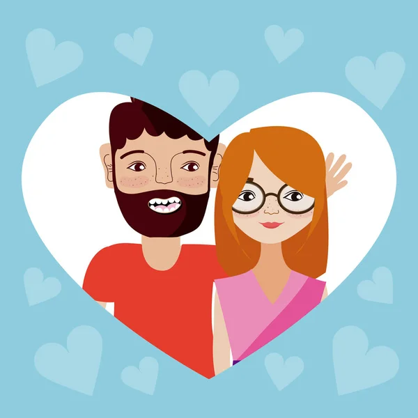 Preciosa Pareja Dibujos Animados Dentro Del Corazón Forma Marco Vector — Vector de stock