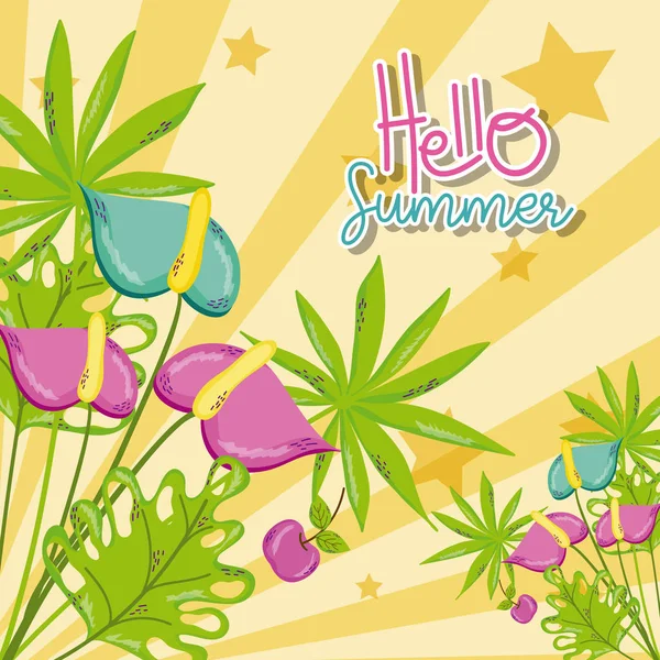 Olá Verão Com Belas Flores Desenhos Animados Desenho Gráfico Ilustração — Vetor de Stock