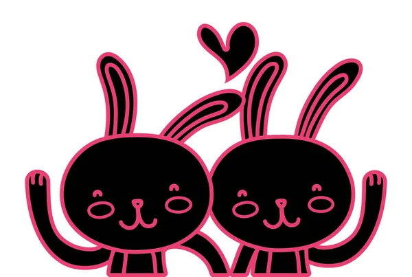 Neon piatto bellezza coniglio coppia insieme con cuore — Vettoriale Stock