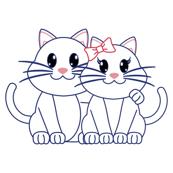 Linha de cores casal gato bonitinho personagem animal —  Vetores de Stock